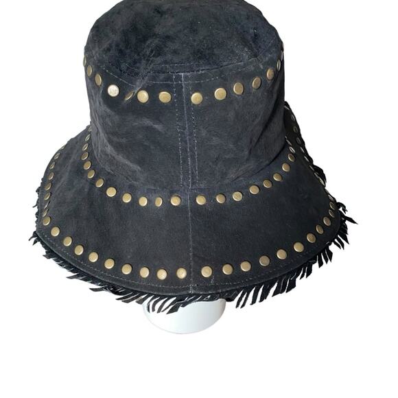 Suede Boho Black Fringe Studded Festival Bucket Hat Gold Stud one size main image 5